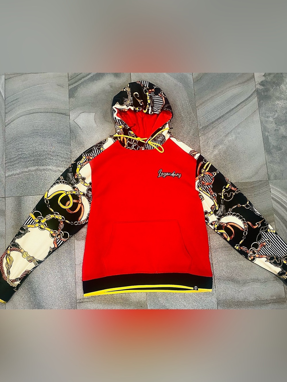 Men’s Switch Remarkable Red Hoodie Gold Chain and belt print sleeves size 2X